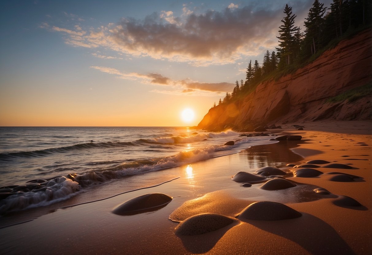 The sun sets over the red cliffs and sandy beaches of Prince Edward Island National Park, creating a picturesque backdrop for geocaching adventures