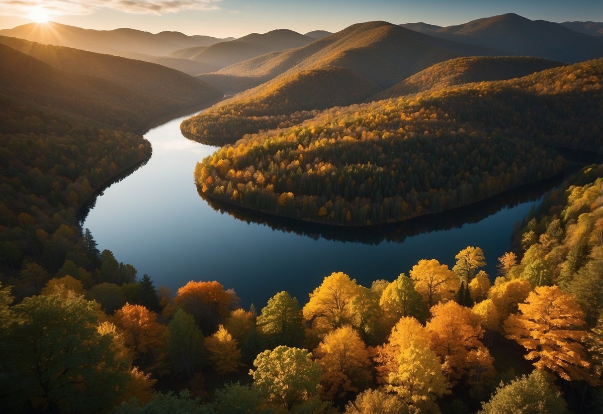 Lush green forests with vibrant autumn foliage surround a winding river, leading to a hidden geocache. Mountains loom in the distance, as the sun sets behind them, casting a warm glow over the landscape