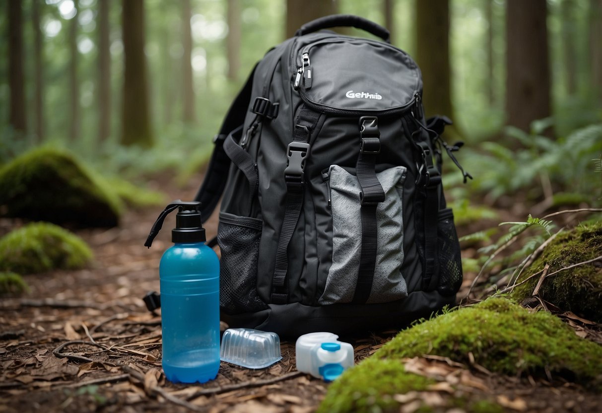 A geocacher's backpack sits on the forest floor, filled with reusable water bottles, hand sanitizer, and biodegradable wipes. A trail of clean footprints leads away from the cache site