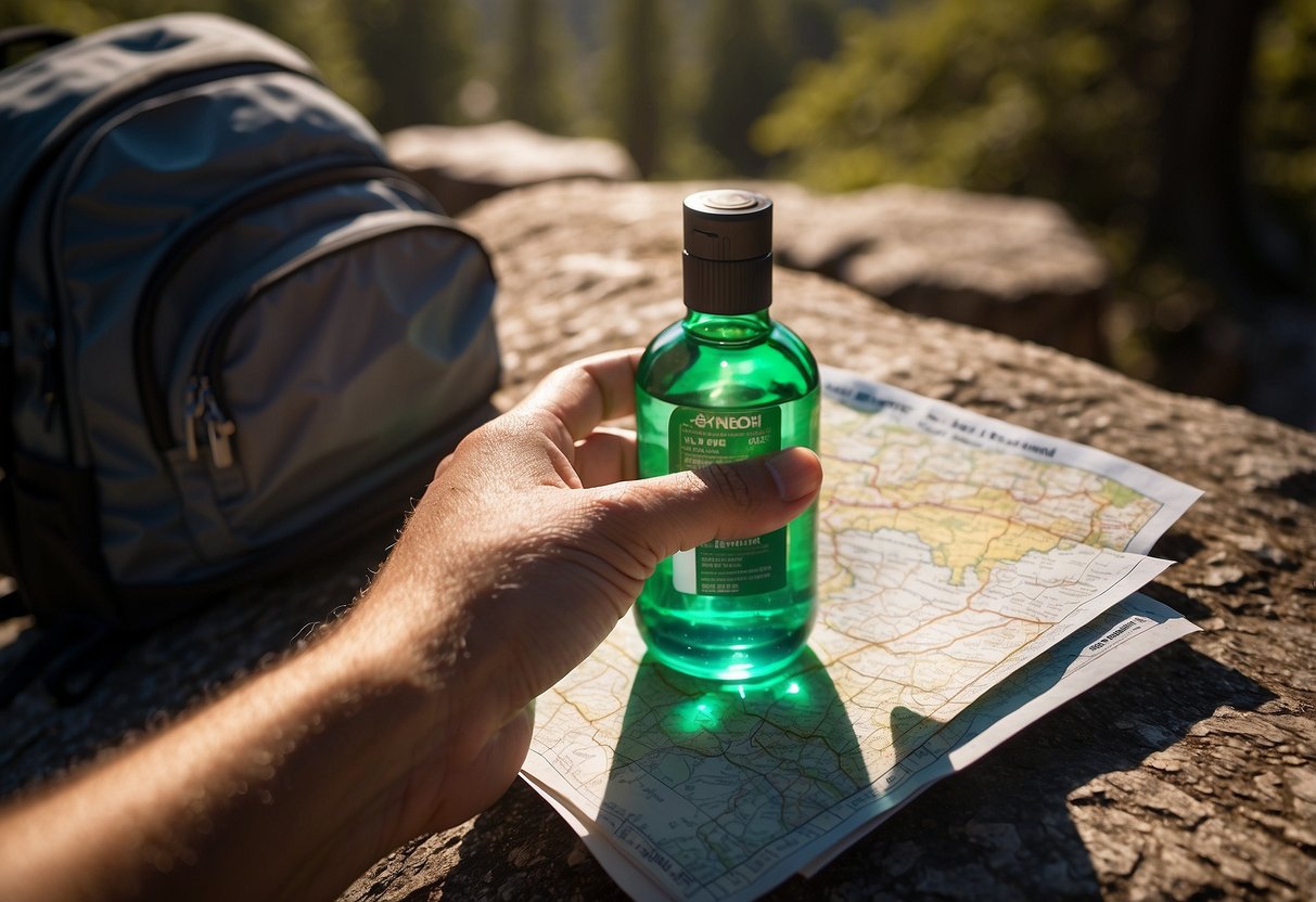 A hand reaches for a bottle of hand sanitizer next to a geocaching map and compass. The sun shines on the outdoor scene, with a backpack and water bottle in the background