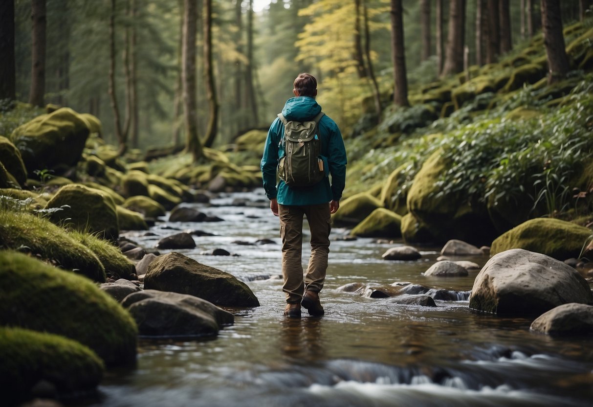 A hiker in quick-dry clothing stands near a stream, surrounded by trees and rocks. A geocache container sits nearby, waiting to be found