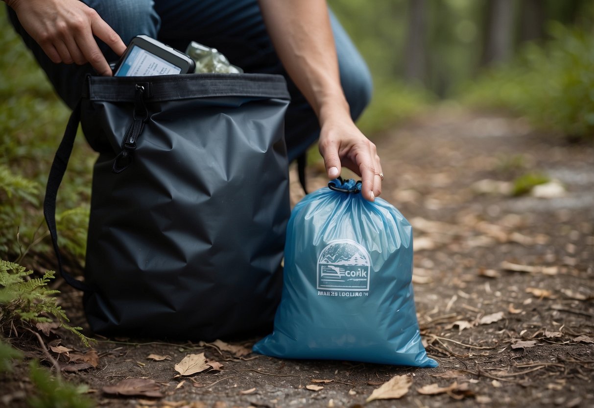 A hand reaches for a portable trash bag, surrounded by geocaching gear. The bag is open and ready to be used, with a scenic outdoor backdrop