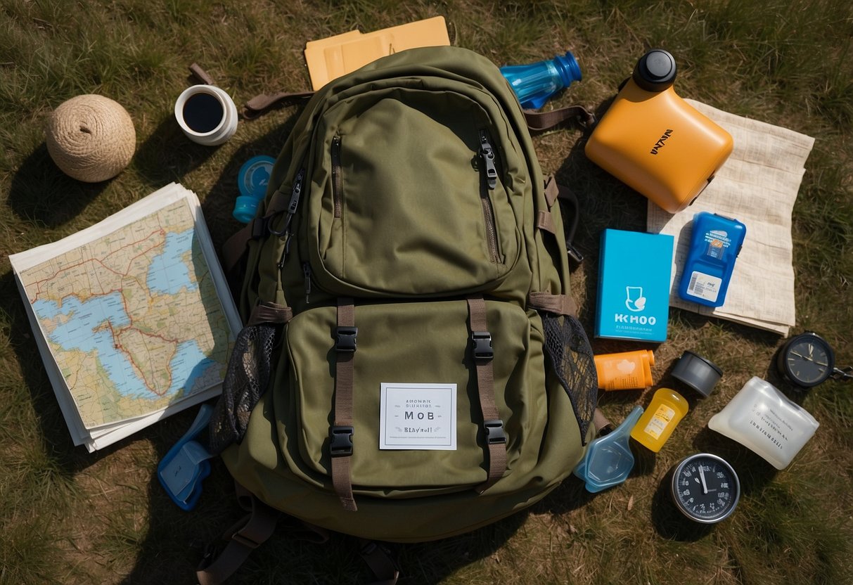 A backpack open on the ground, with a variety of items spilling out: a map, compass, sunscreen, and a handful of spare Ziploc bags