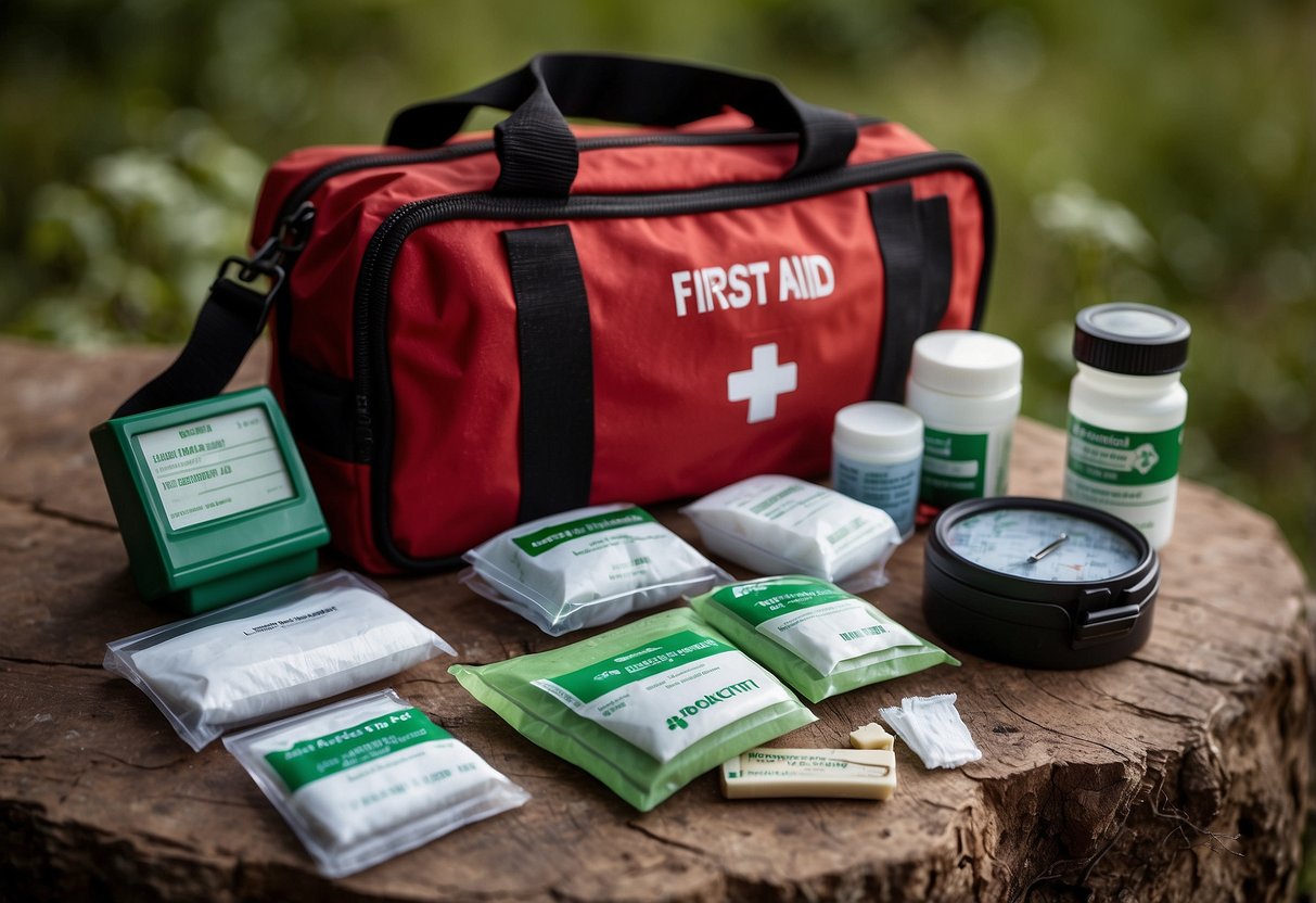 A compact first aid kit sits next to a geocaching bag. Items include bandages, antiseptic wipes, and tweezers. A map and compass lay nearby