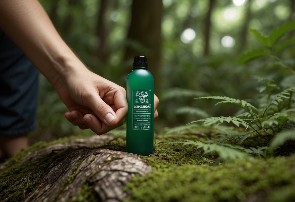 A hand reaches for a bottle of insect repellent next to a geocaching bag. The surrounding area is lush and green, with a hidden cache waiting to be discovered