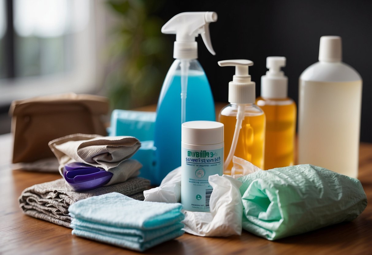 A table with a hygiene kit: hand sanitizer, wet wipes, tissue, sunscreen, insect repellent, first aid kit, and trash bags