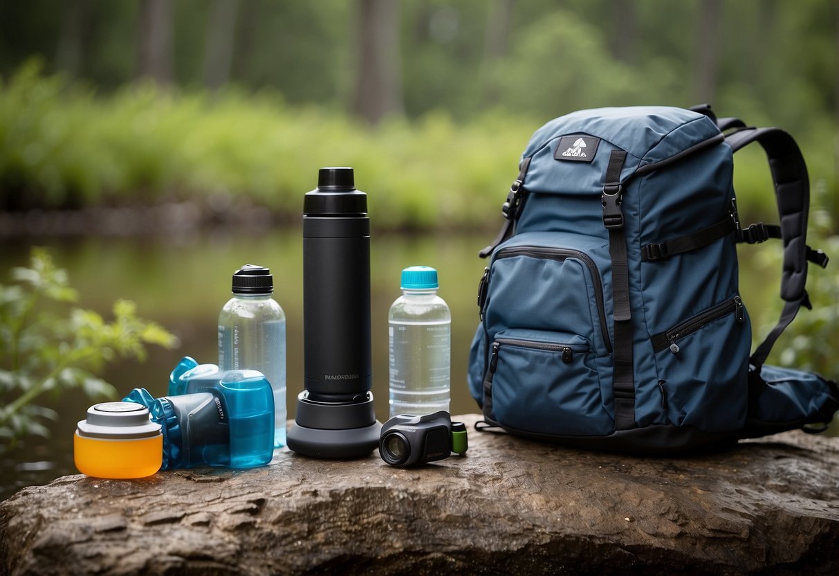 A backpack with water bottle, compass, and GPS device. Hiking boots and hat. Ziploc bags for trash. Gloves and hand sanitizer. Clean, dry clothes in a waterproof bag