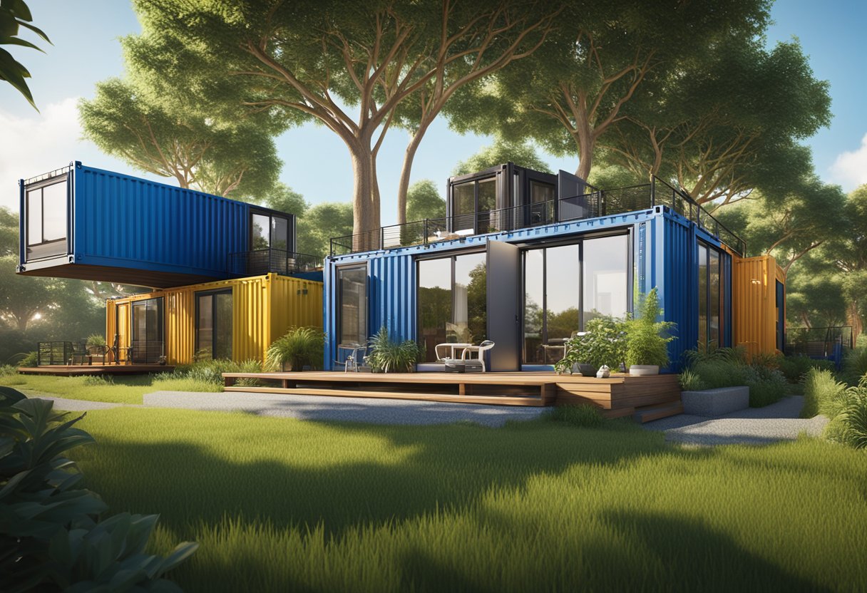 A row of 11 modern, stylish shipping container houses, set against a backdrop of lush greenery and clear blue skies. Each house features unique design elements and pops of color, creating a visually stunning and eco-friendly community