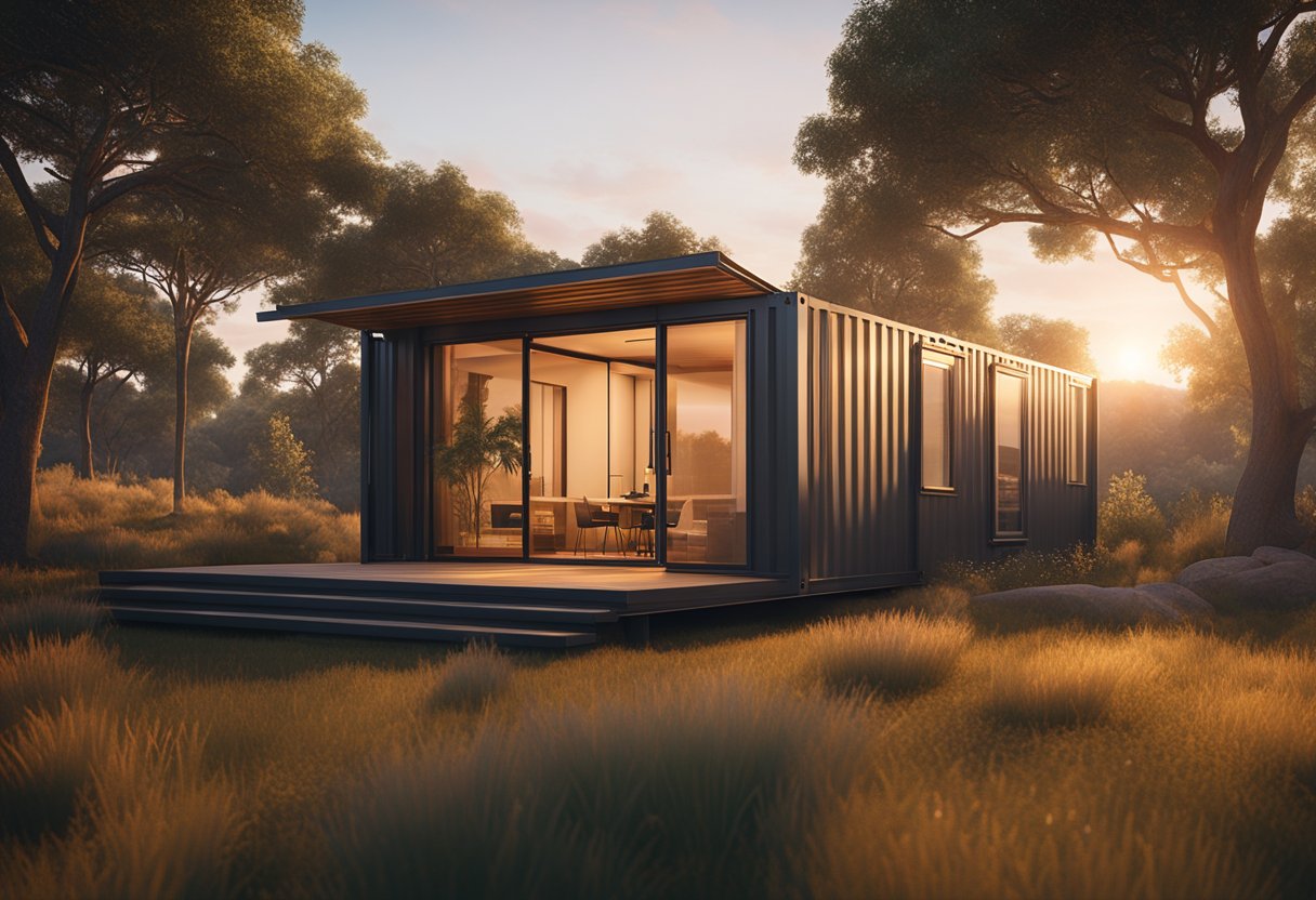 A stunning sunset illuminates the sleek lines of a modern shipping container house nestled in a serene natural setting