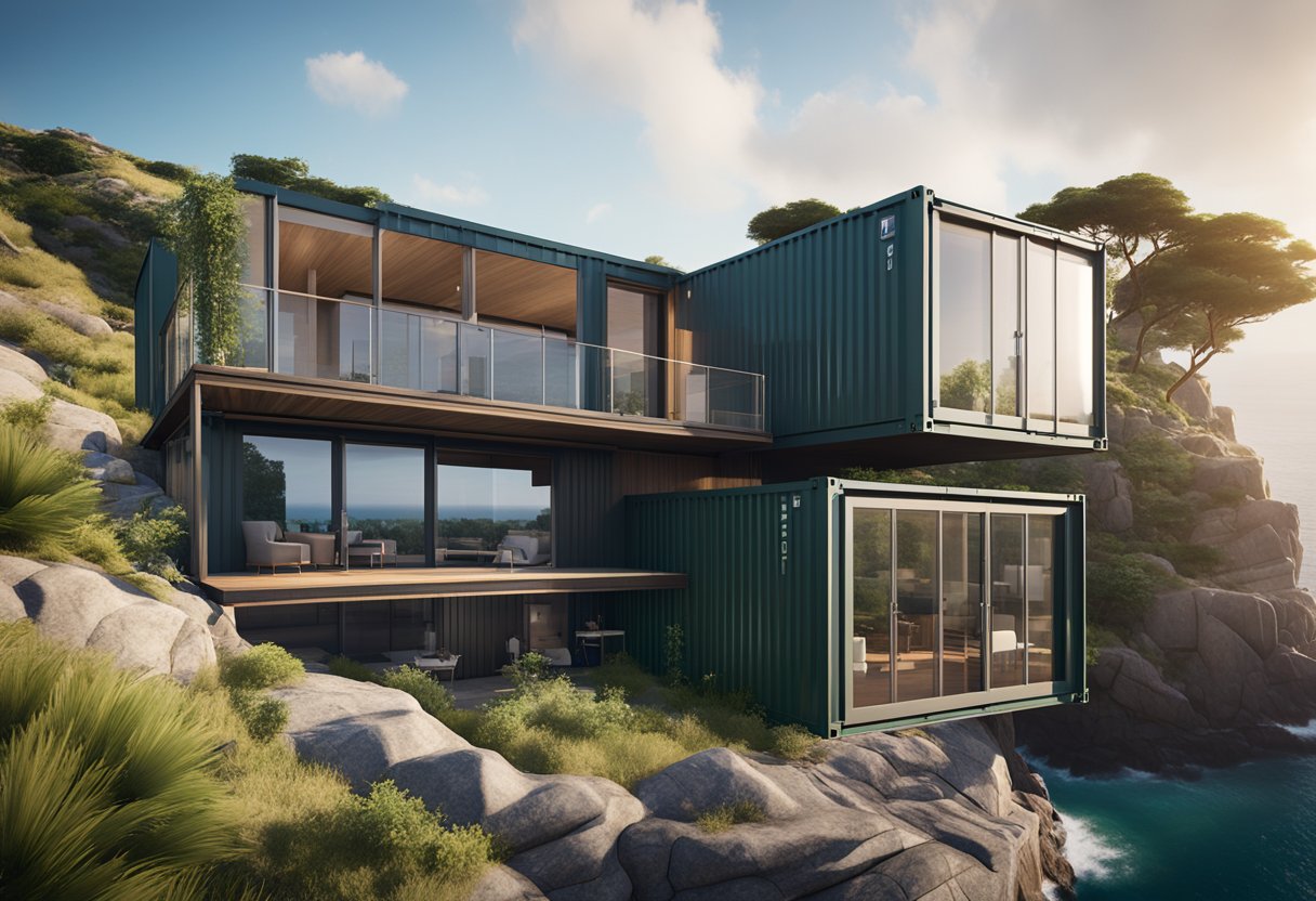 A modern shipping container house nestled among coastal cliffs, with panoramic ocean views and lush greenery surrounding the sleek, minimalist design