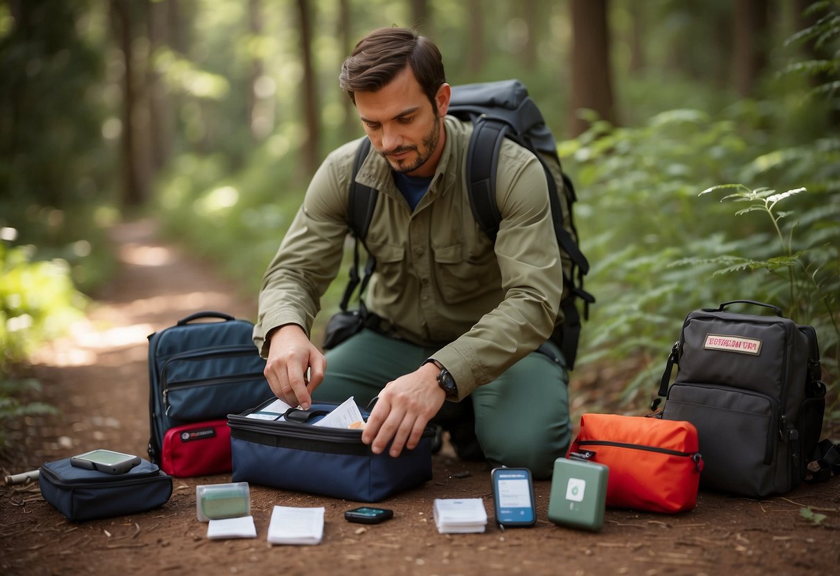 Geocacher retrieves first aid kit from backpack, checks GPS for signal, and radios for help. Nearby map shows location and emergency contact info