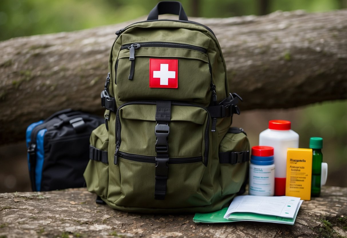 A backpack with a first aid kit attached to the outside, surrounded by geocaching equipment and a map of the area