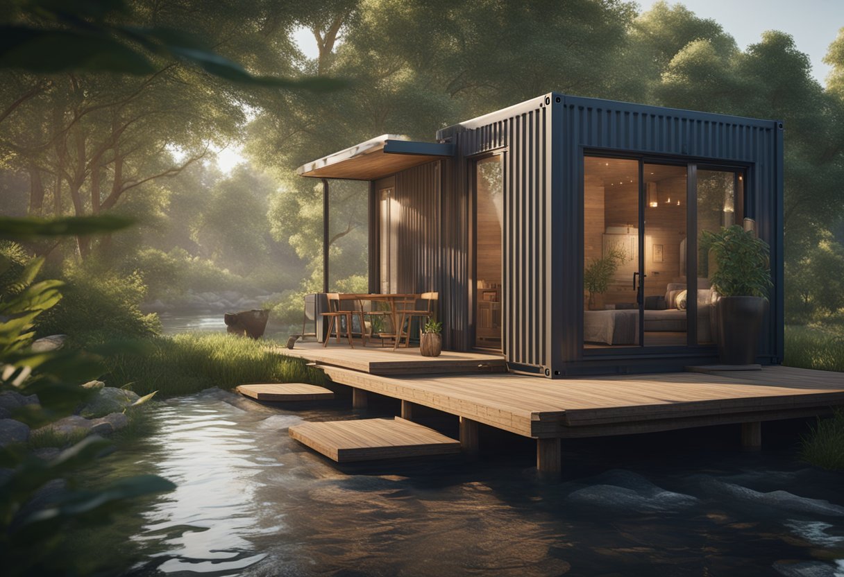 A cozy cabin sits by a tranquil river, surrounded by lush greenery. The cabin is made from repurposed shipping containers, blending modern design with natural beauty