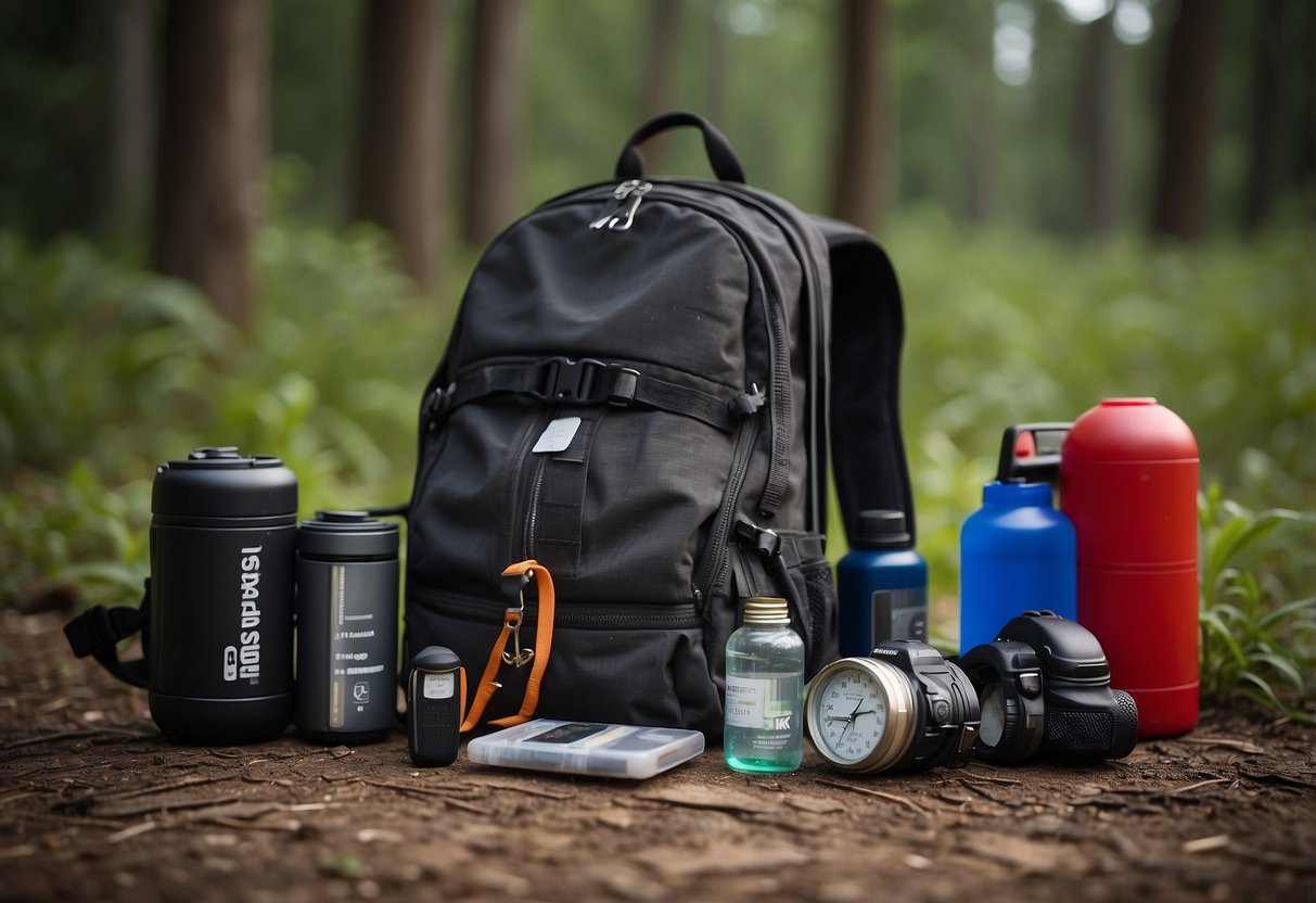 A backpack open on the ground, with extra batteries for a GPS device spilling out. A map, compass, first aid kit, and emergency whistle are also visible