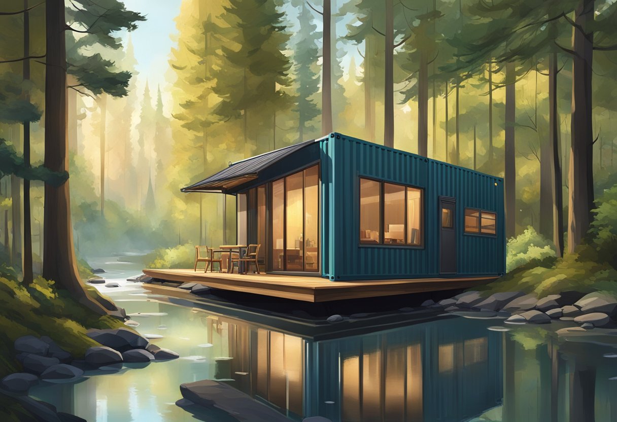 A cozy cabin made from shipping containers nestled in a serene forest clearing, surrounded by tall trees and a bubbling stream