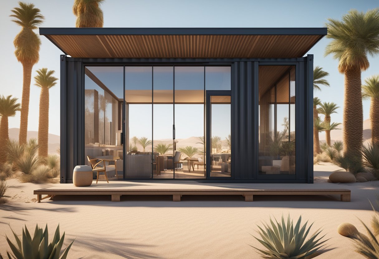 An oasis in the desert, surrounded by palm trees and cacti. A modern shipping container house stands out against the sandy landscape, with a clear blue sky overhead