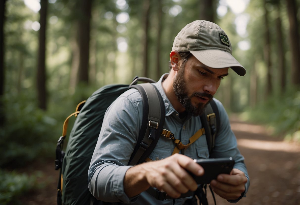 A geocacher reaches for an emergency whistle attached to their backpack, surrounded by a forest trail and GPS device