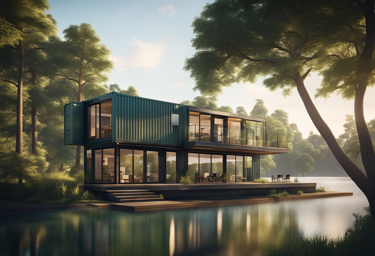 A modern shipping container house sits on the edge of a tranquil lake, surrounded by lush greenery and tall trees. The sleek design and large windows offer stunning views of the serene landscape