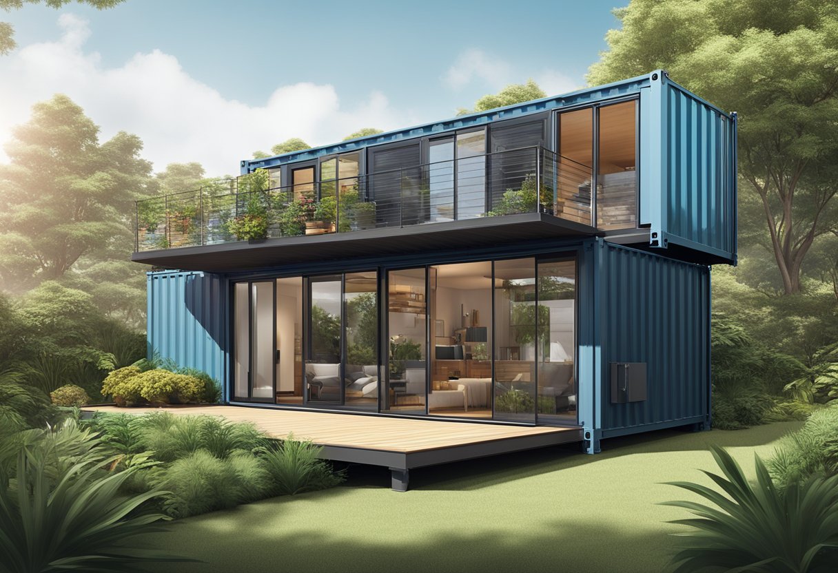 A modern shipping container house nestled among lush greenery in an urban setting, with sleek lines and large windows for a seamless indoor-outdoor living experience