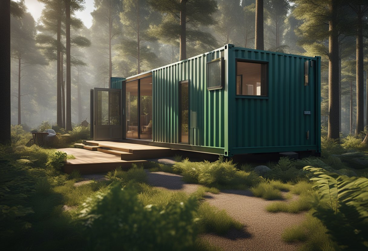 A secluded forest clearing with 11 unique shipping container houses nestled among the trees, each with its own distinct design and surrounded by lush greenery