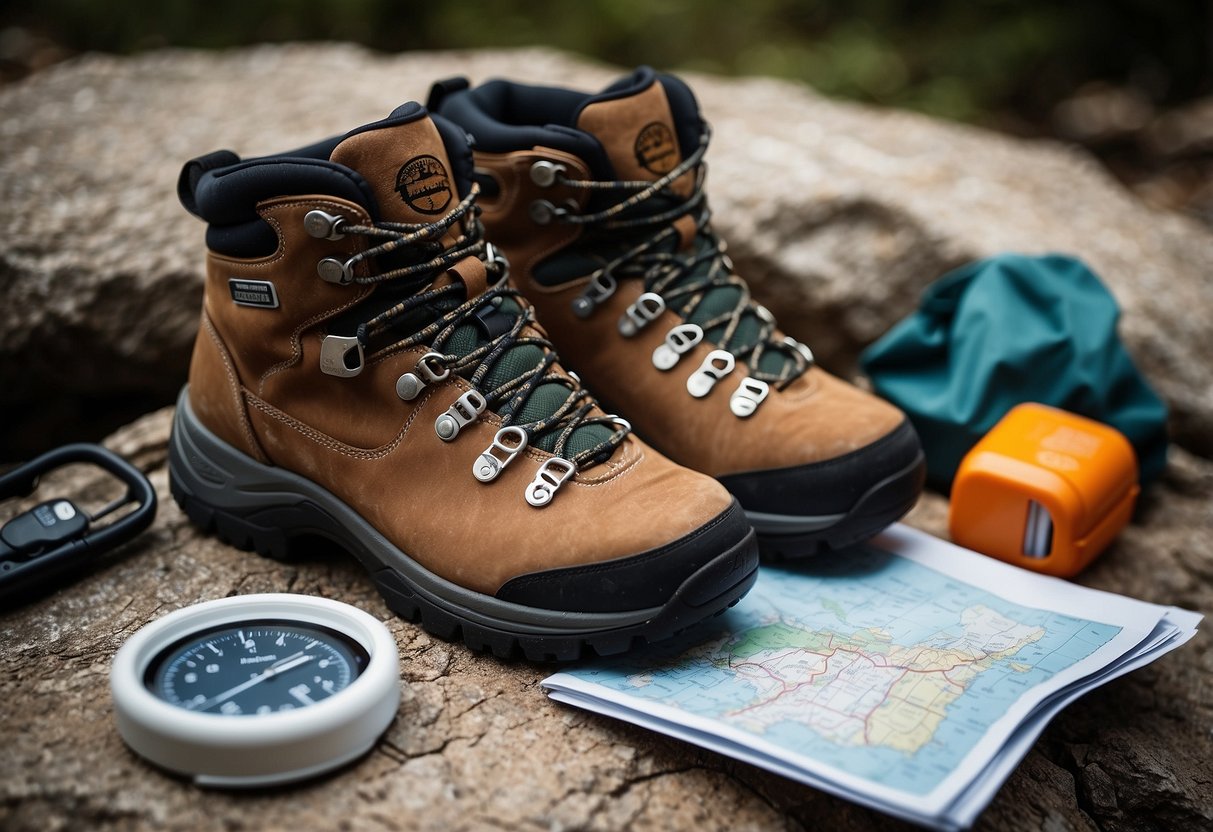 Sturdy hiking boots on rocky terrain, surrounded by a GPS device, first aid kit, and emergency supplies. A map and compass lay nearby