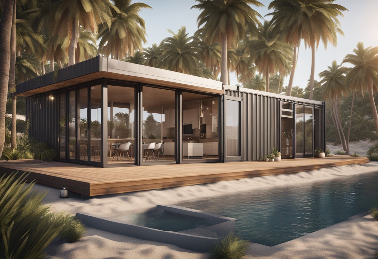 A modern beachside bungalow, made from repurposed shipping containers, sits against a backdrop of palm trees and sandy shores. The sleek, minimalist design is complemented by large windows and a spacious outdoor deck