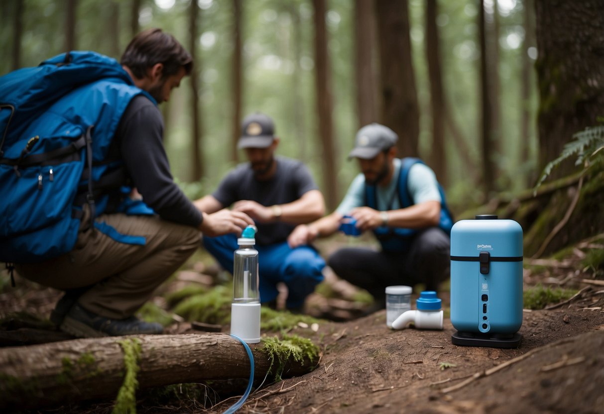 A portable water filter is being used to purify water in a wooded area while a geocacher looks on, surrounded by various emergency supplies