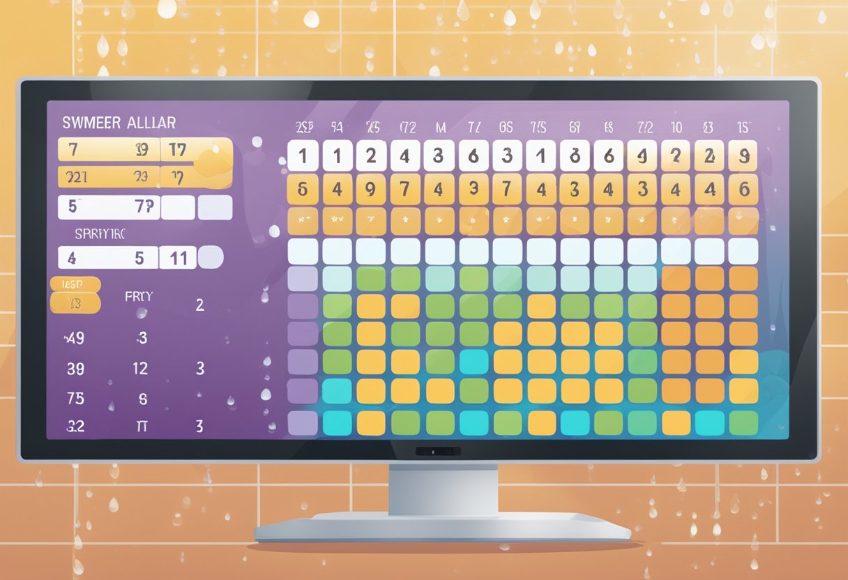 A swimmer's pace calculator on a digital screen with water droplets in the background