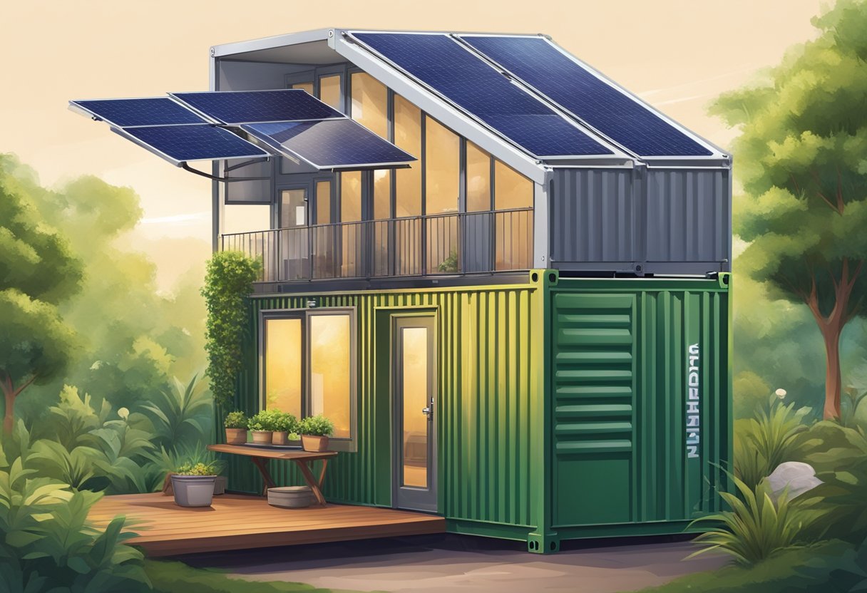 A cozy cottage made from shipping containers, surrounded by lush greenery and solar panels on the roof. A recycling bin sits outside the front door