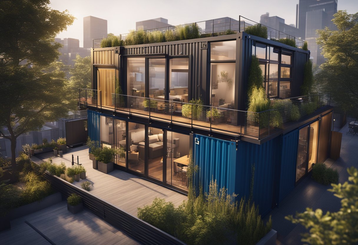 A modern shipping container house with large windows, rooftop garden, and sleek design, nestled in a bustling urban cityscape