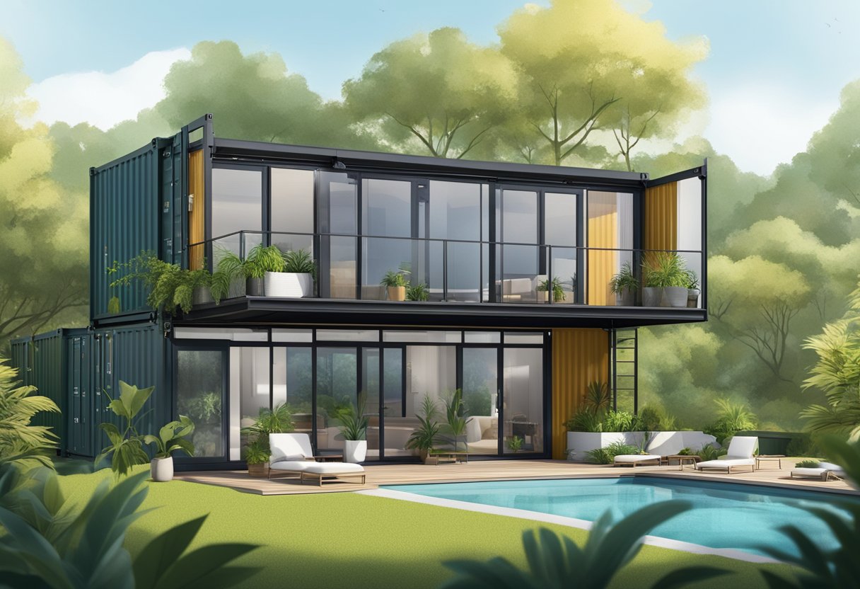 A modern shipping container house surrounded by lush greenery, with a sleek and luxurious design. The house features large windows, a spacious outdoor deck, and a beautiful natural landscape