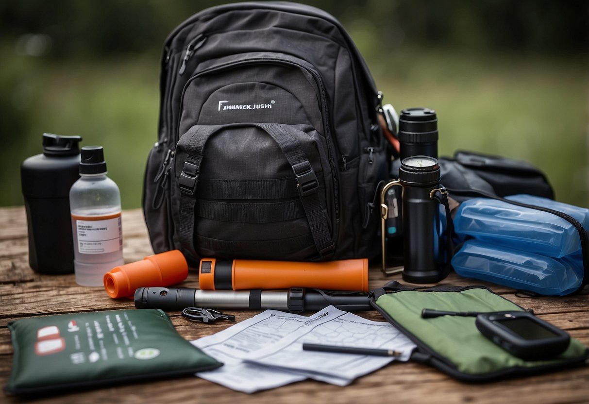 A backpack with emergency supplies, a map, a GPS device, a first aid kit, a flashlight, a whistle, a cell phone, a compass, a water bottle, and a list of emergency contacts