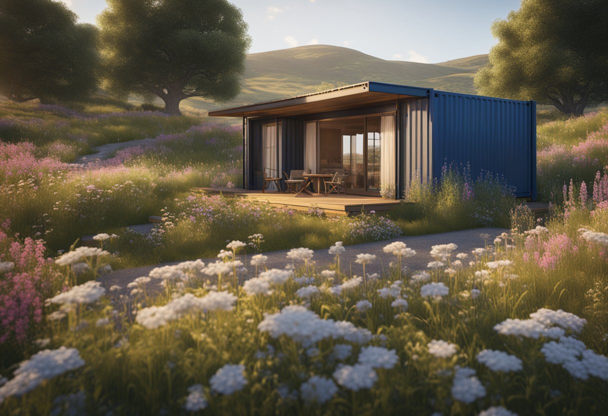 A cozy country cottage made from repurposed shipping containers, nestled among rolling hills and surrounded by blooming wildflowers