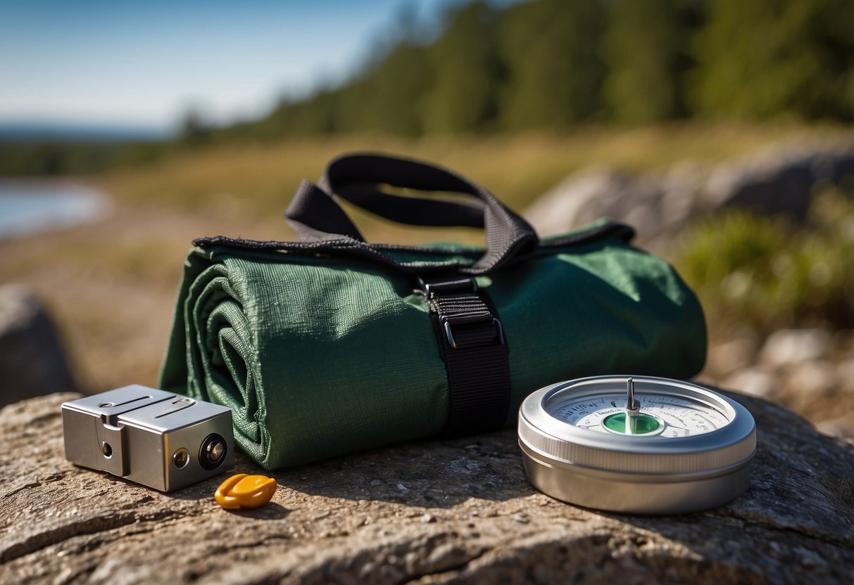 A reflective blanket is unfolded next to a geocaching kit. A compass, first aid kit, and emergency whistle are laid out nearby