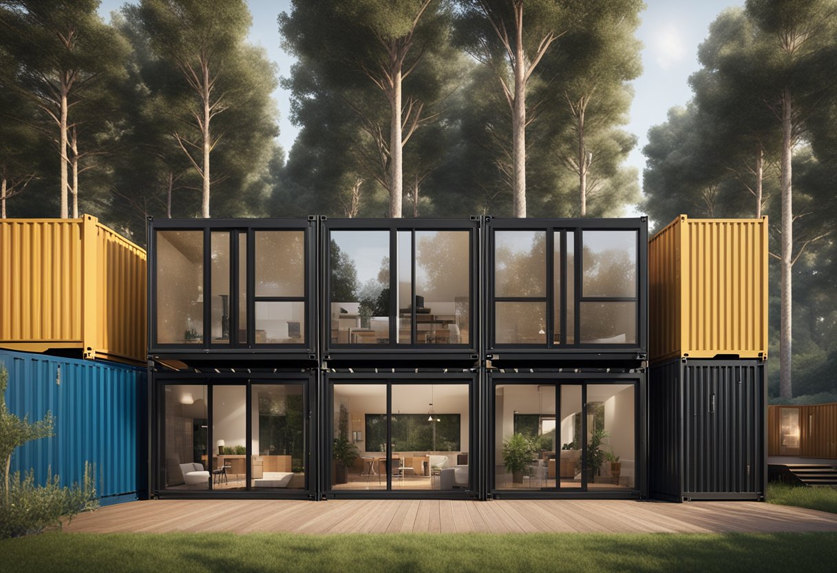 A row of 11 unique shipping container houses, each with modern designs and beautiful landscaping, showcasing the advantages of container home living