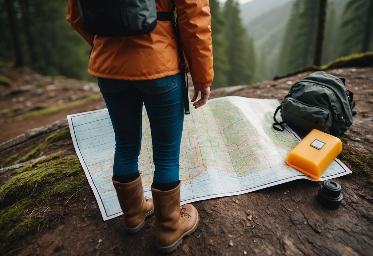 A person wearing a rain jacket, hiking boots, and a backpack stands next to a geocaching map. Nearby, a first aid kit and emergency whistle are visible