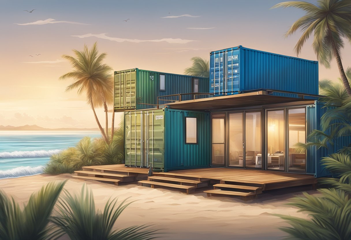 A beachfront bungalow made from shipping containers, nestled among palm trees with a view of the ocean and a sandy beach