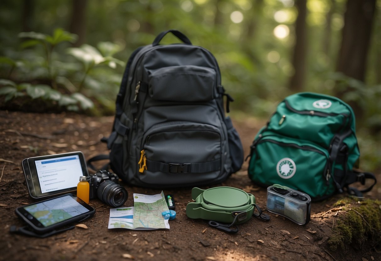 A backpack open on the ground, with a map, compass, first aid kit, and emergency supplies laid out. A smartphone displaying a geocaching app is next to it