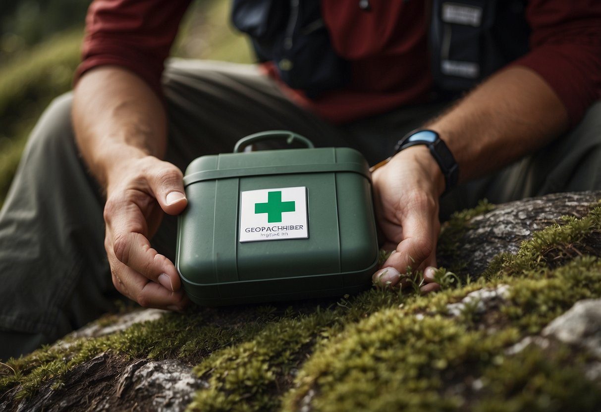 A geocacher locates a hidden first aid kit and uses it to treat a fellow geocacher who has suffered a fall while navigating a rugged trail