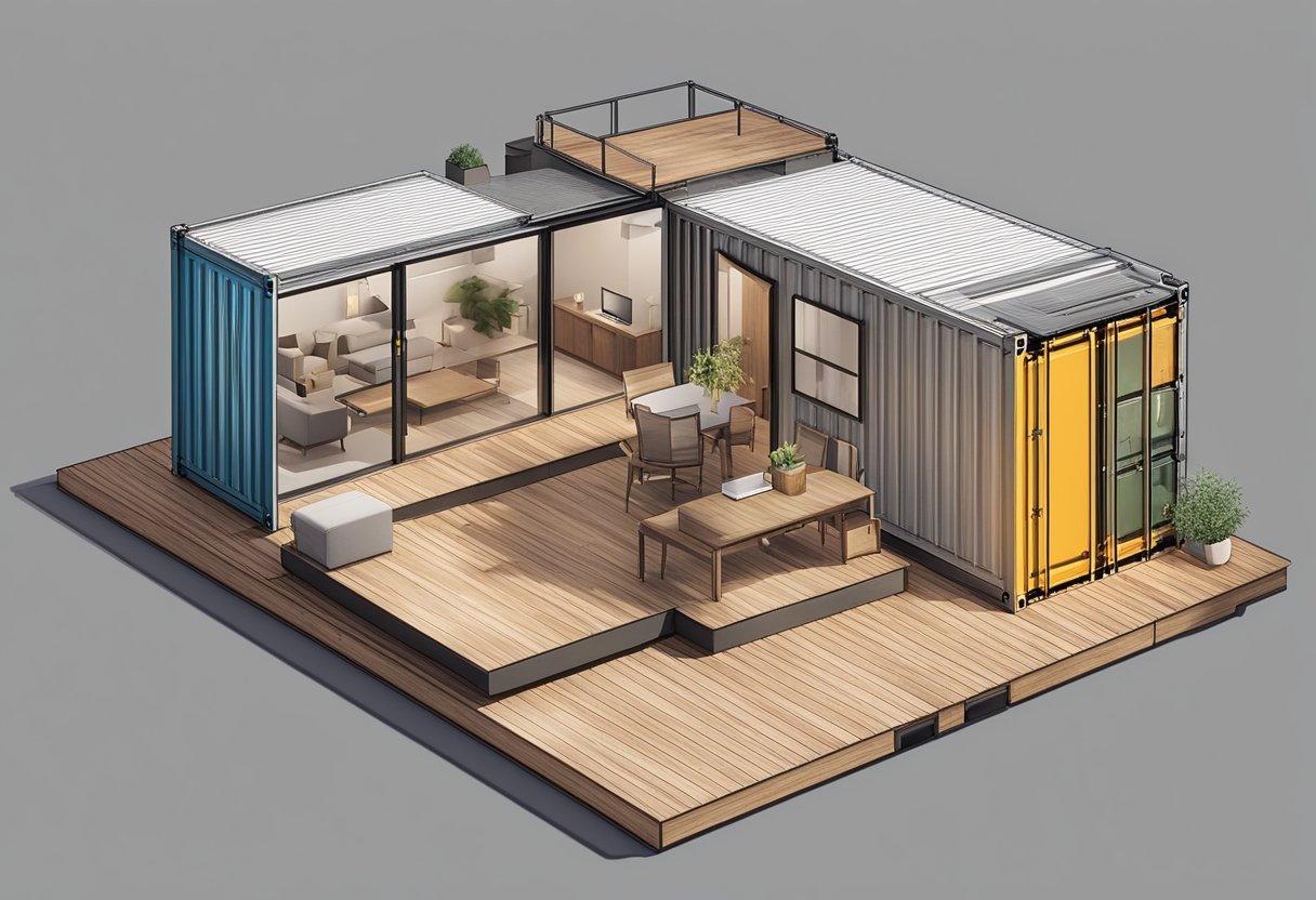 A shipping container house plan book lies open on a wooden table, with architectural sketches and measurements spread out around it