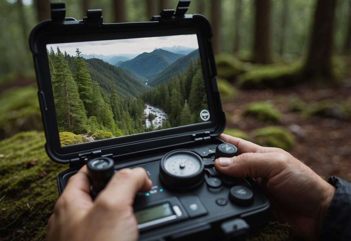 A geocacher uses a compass to navigate through dense forest, while a map and GPS device sit nearby. The geocacher carefully scans the terrain for potential hazards and prepares to handle any emergencies that may arise