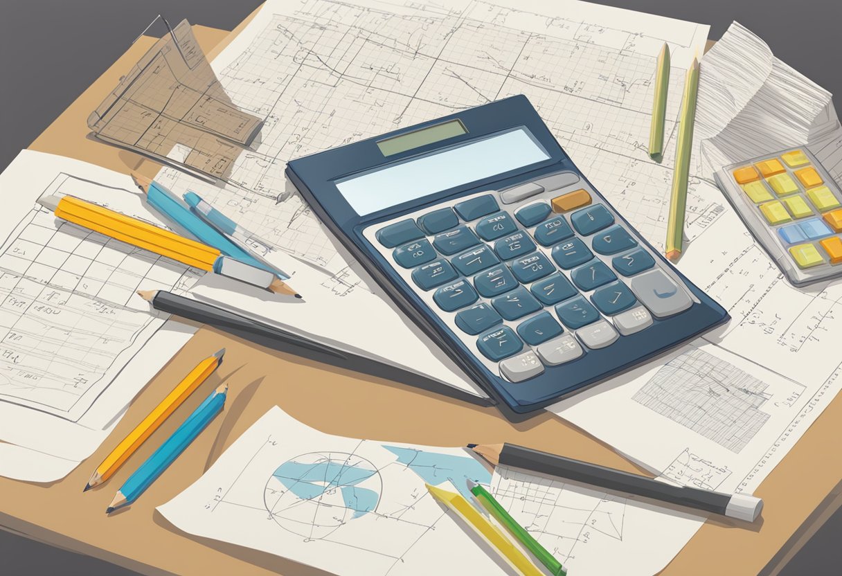 A calculator, pencil, and paper on a desk with mathematical formulas and equations written out