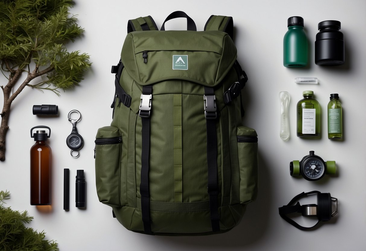 A hiker's backpack with a water bottle, first aid kit, and stretching band. A map and compass lay nearby, surrounded by trees and a trail