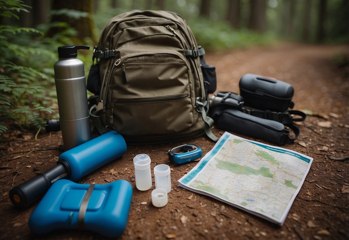 A hiker's backpack lies open, revealing a foam roller, resistance bands, and a water bottle. A map of geocaching trails sits nearby, surrounded by a pair of sturdy hiking boots and a first aid kit