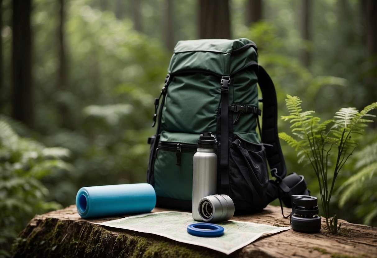 A hiker's backpack open, revealing a foam roller, resistance bands, and a water bottle. A map and compass lay nearby, surrounded by lush greenery