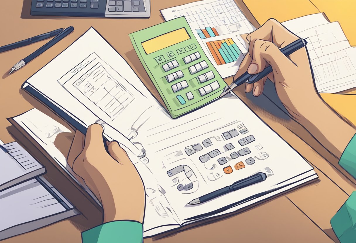 A hand holding a pen, calculating pace using the pace formula in a notebook