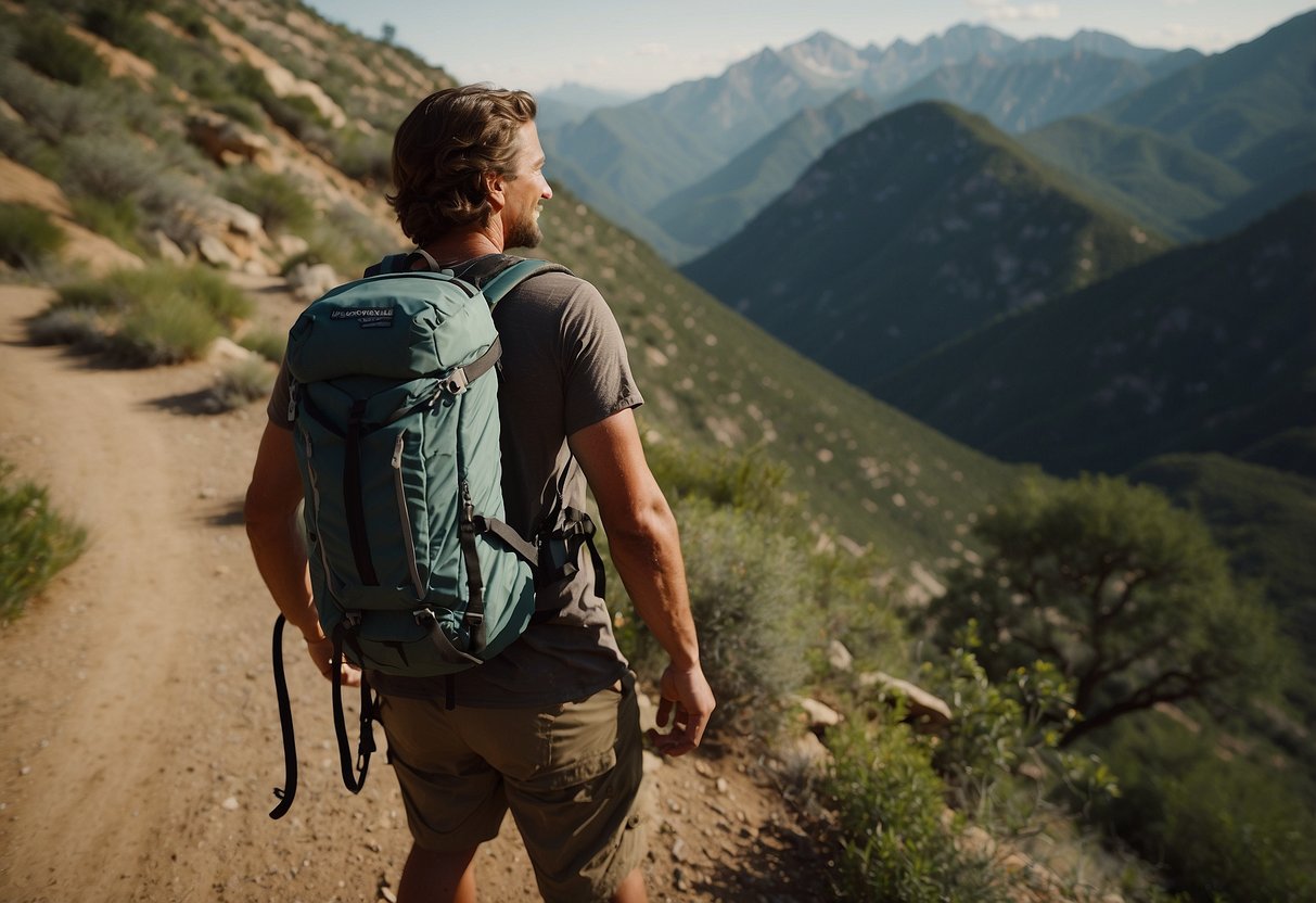 A geocacher hikes with a hydration pack. They pause to stretch sore muscles and take a sip from the pack's straw. The landscape is rugged, with rocky trails and lush greenery