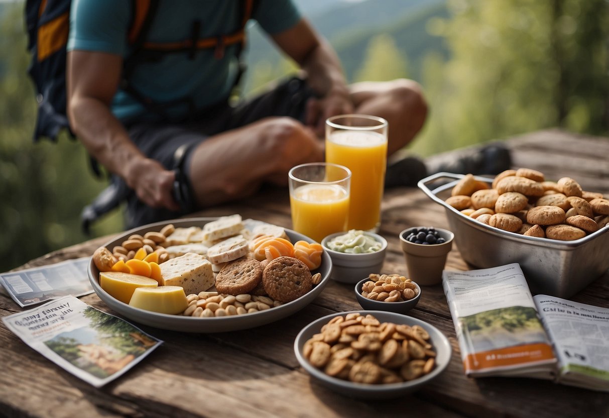 A table with various protein-rich snacks, surrounded by hiking gear and a map. A person's legs are visible, showing signs of sore muscles