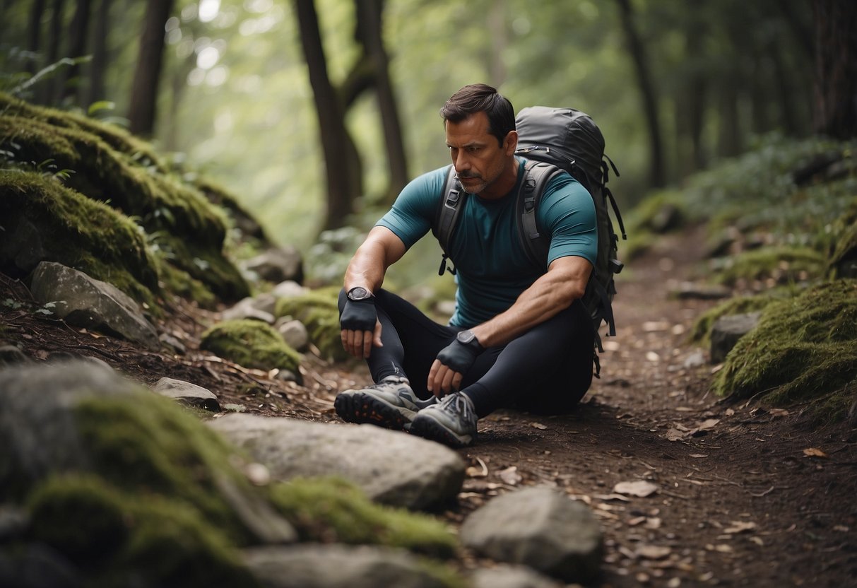 A geocacher sits on a rocky trail, surrounded by trees, wearing compression gear. A GPS device and a backpack are next to them, while they massage their sore muscles