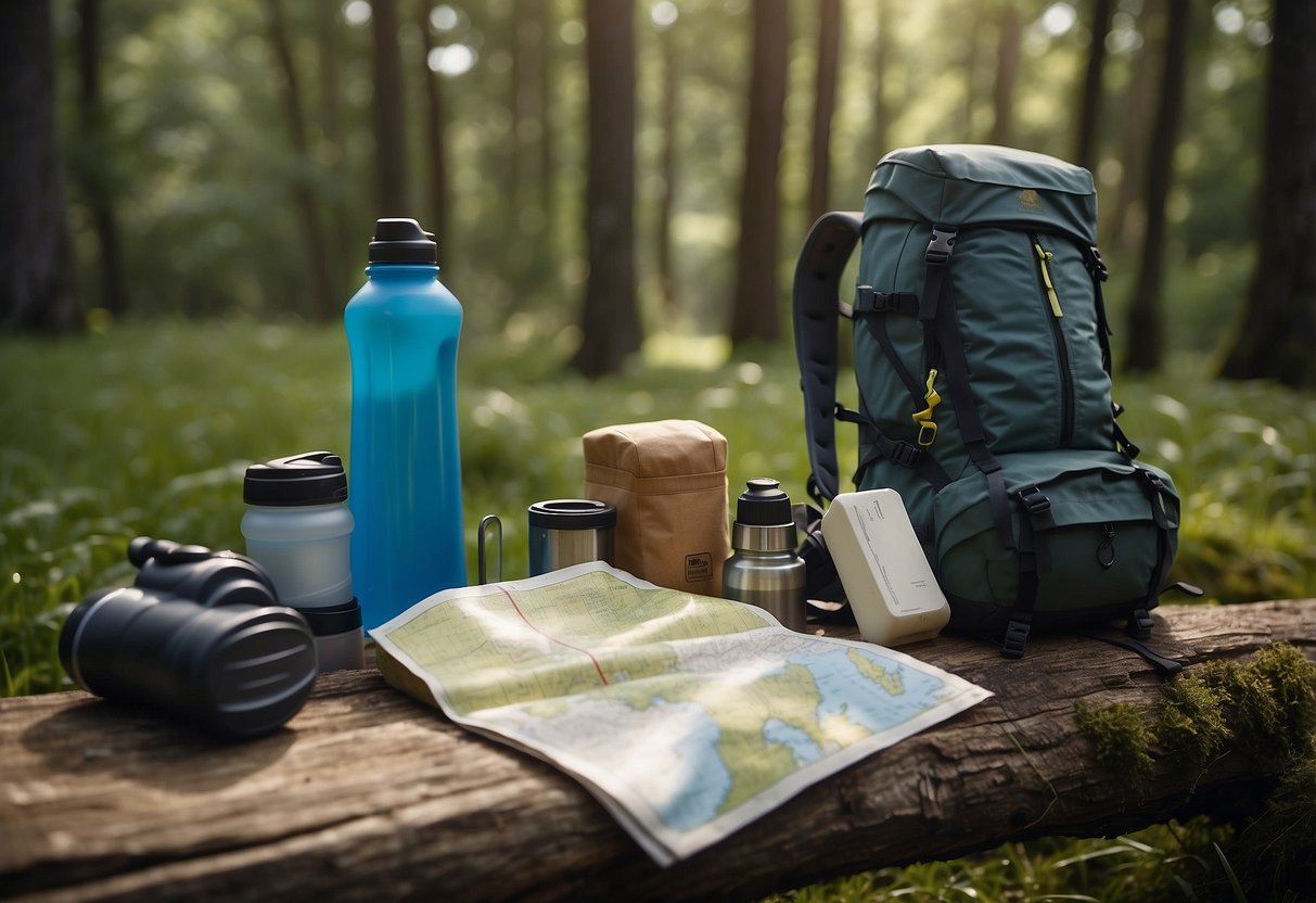 A backpack with hiking gear and a map laid out on a grassy clearing surrounded by trees. A water bottle and a container of protein bars are placed next to the map